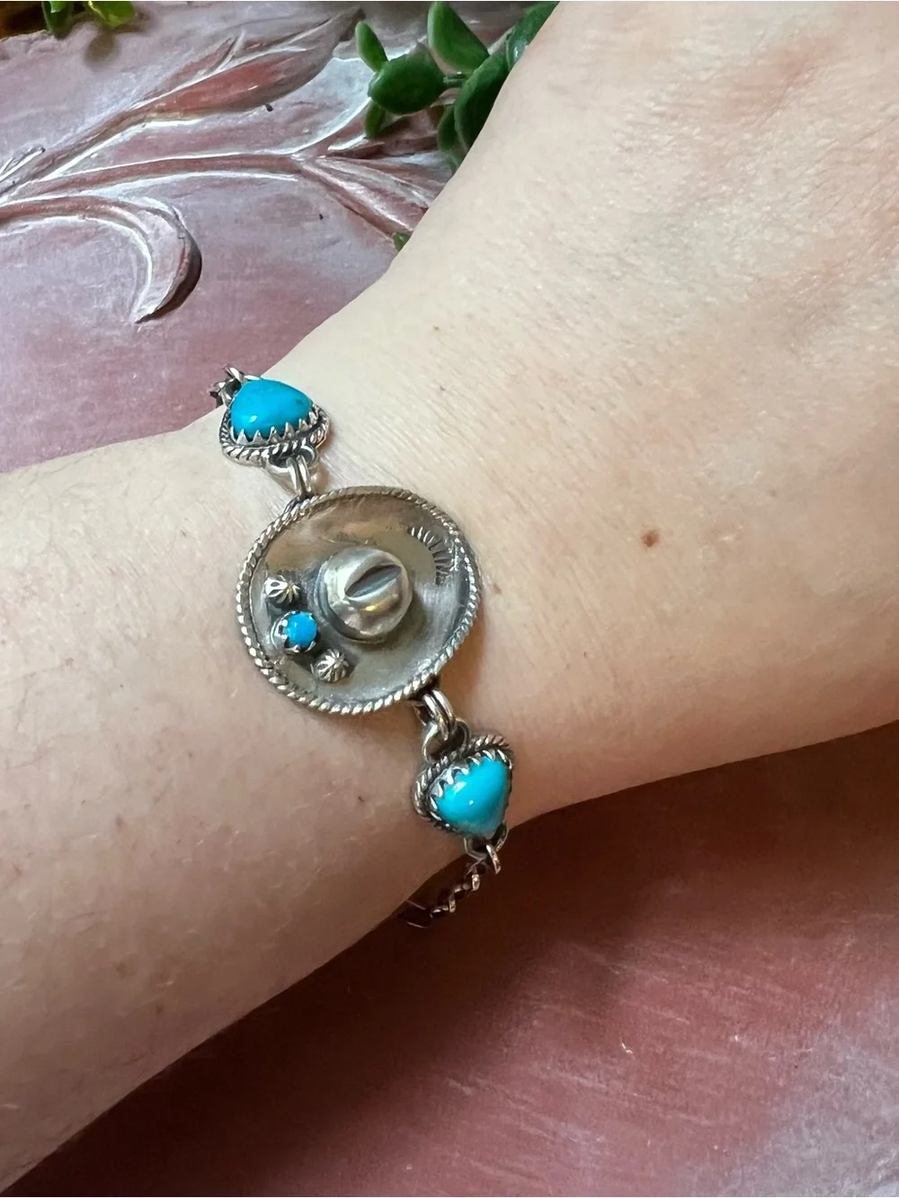 Kingman Turquoise Cowboy Hat Bracelet Sterling Silver Southwestern - Picture 2 of 9